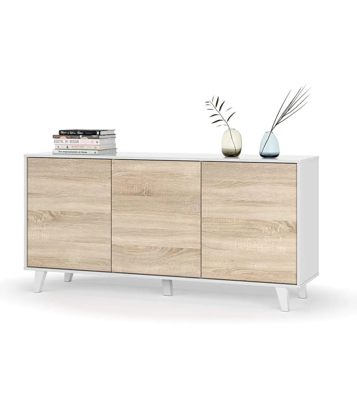 Aparador 3 puertas Alcontar en blanco brillo y roble canadian 75 cm(alto)154 cm(ancho)41 cm(largo)