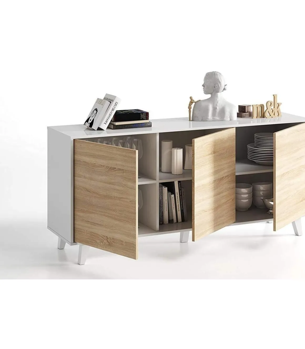 Aparador 3 puertas Alcontar en blanco brillo y roble canadian 75 cm(alto)154 cm(ancho)41 cm(largo)