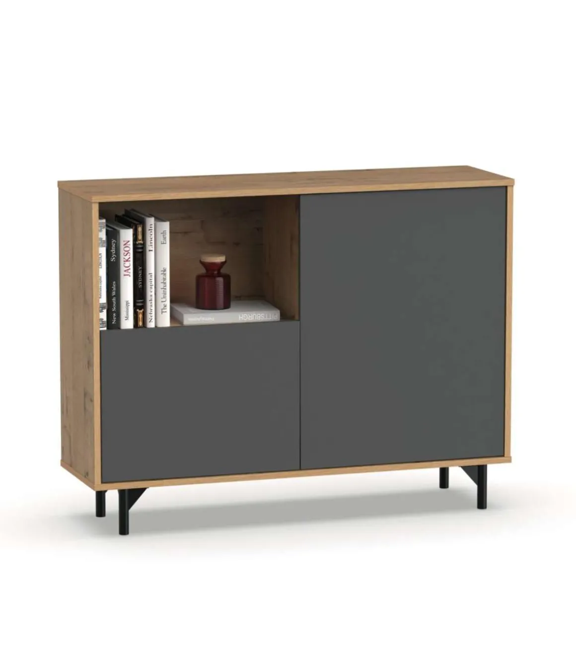 Aparador 2 puertas 1 hueco Anori acabado color roble gold/gris, 86cm(alto) 112cm(ancho) 33cm(largo)
