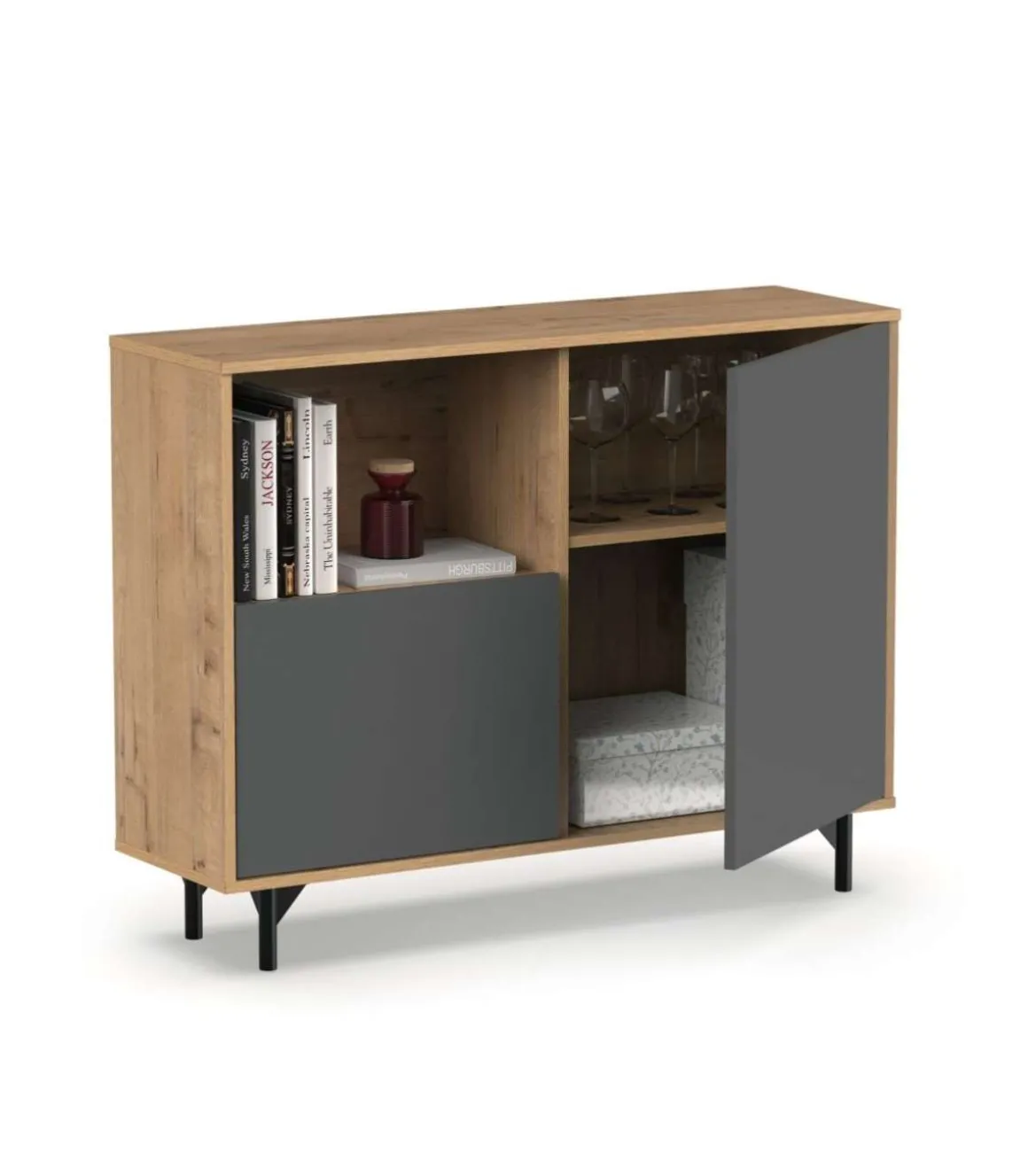 Aparador 2 puertas 1 hueco Anori acabado color roble gold/gris, 86cm(alto) 112cm(ancho) 33cm(largo)