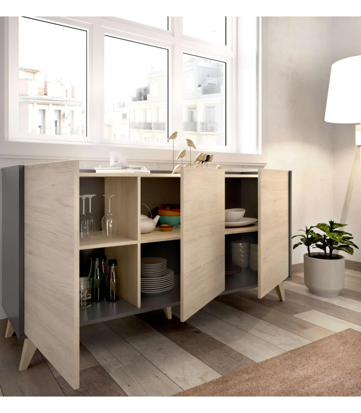 Aparador salon Cazalilla 3 puertas en natural-grafito 75 cm(alto)155 cm(ancho)43 cm(largo)