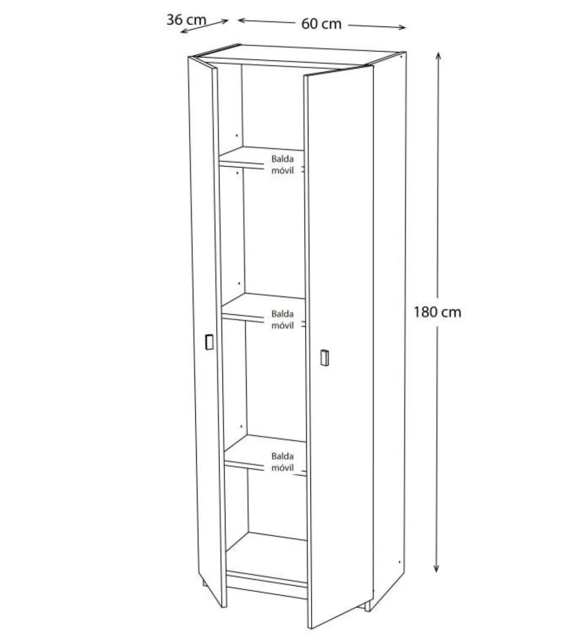 Armario dos puertas en acabado color blanco 60 cm(ancho) 180 cm(altura) 35.6 cm(fondo)