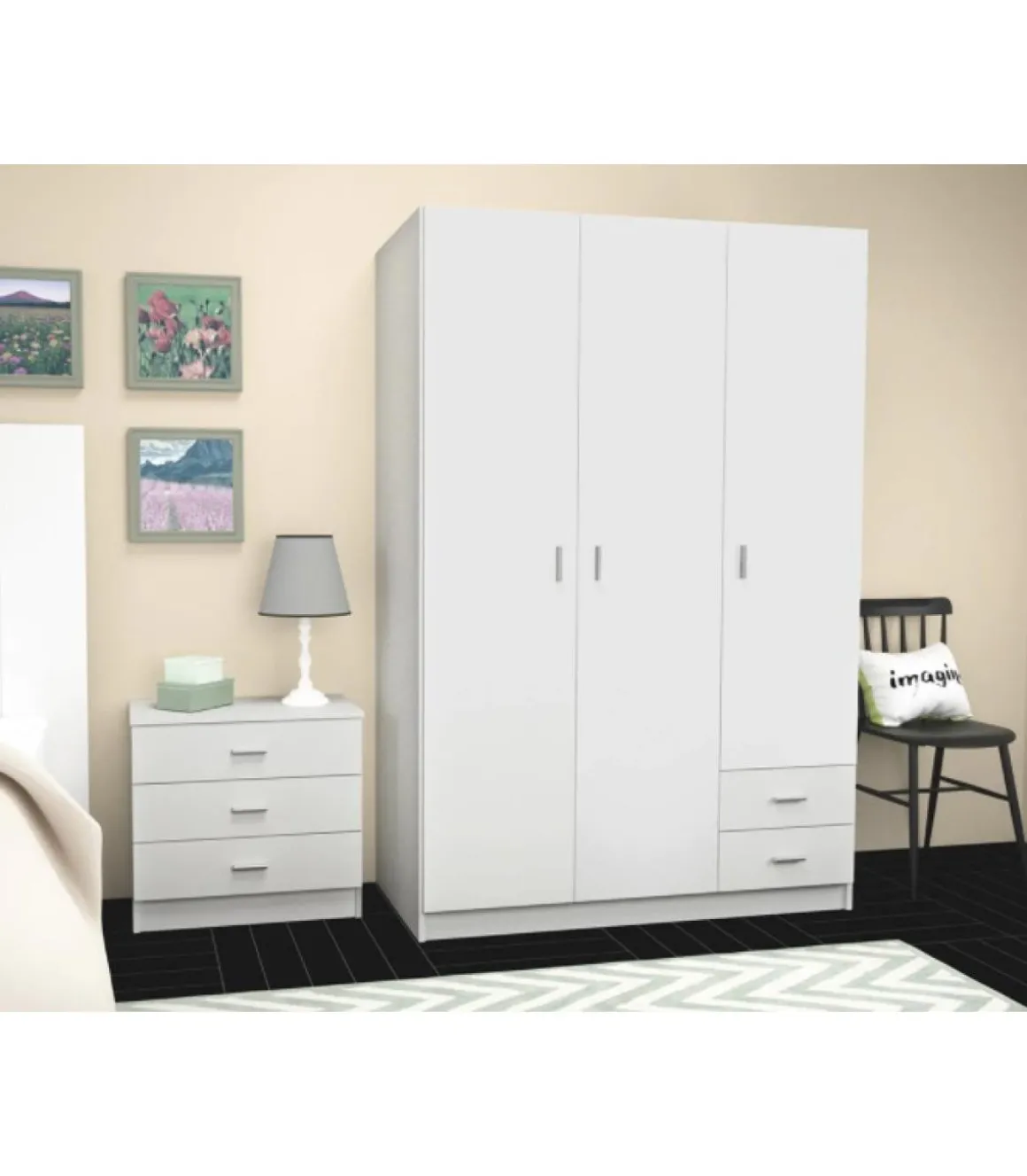 Armario 3 puertas abatibles 2 cajones acabado blanco, 180 cm(alto)120 cm(ancho)52 cm(fondo)