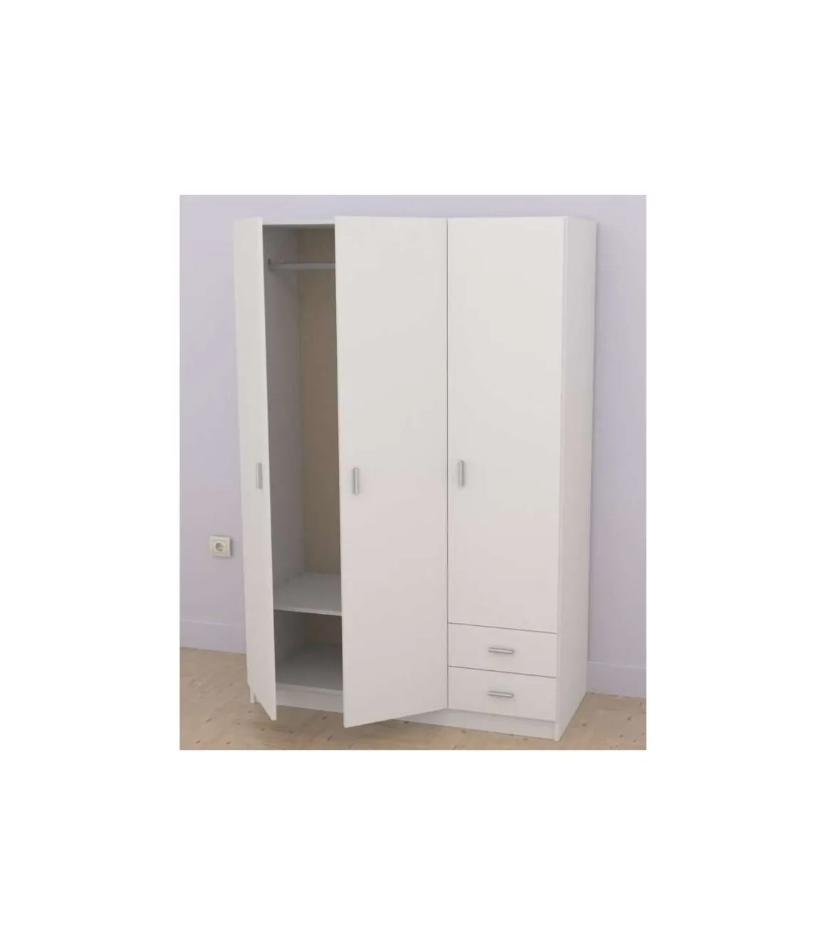Armario 3 puertas abatibles 2 cajones acabado blanco, 180 cm(alto)120 cm(ancho)52 cm(fondo)