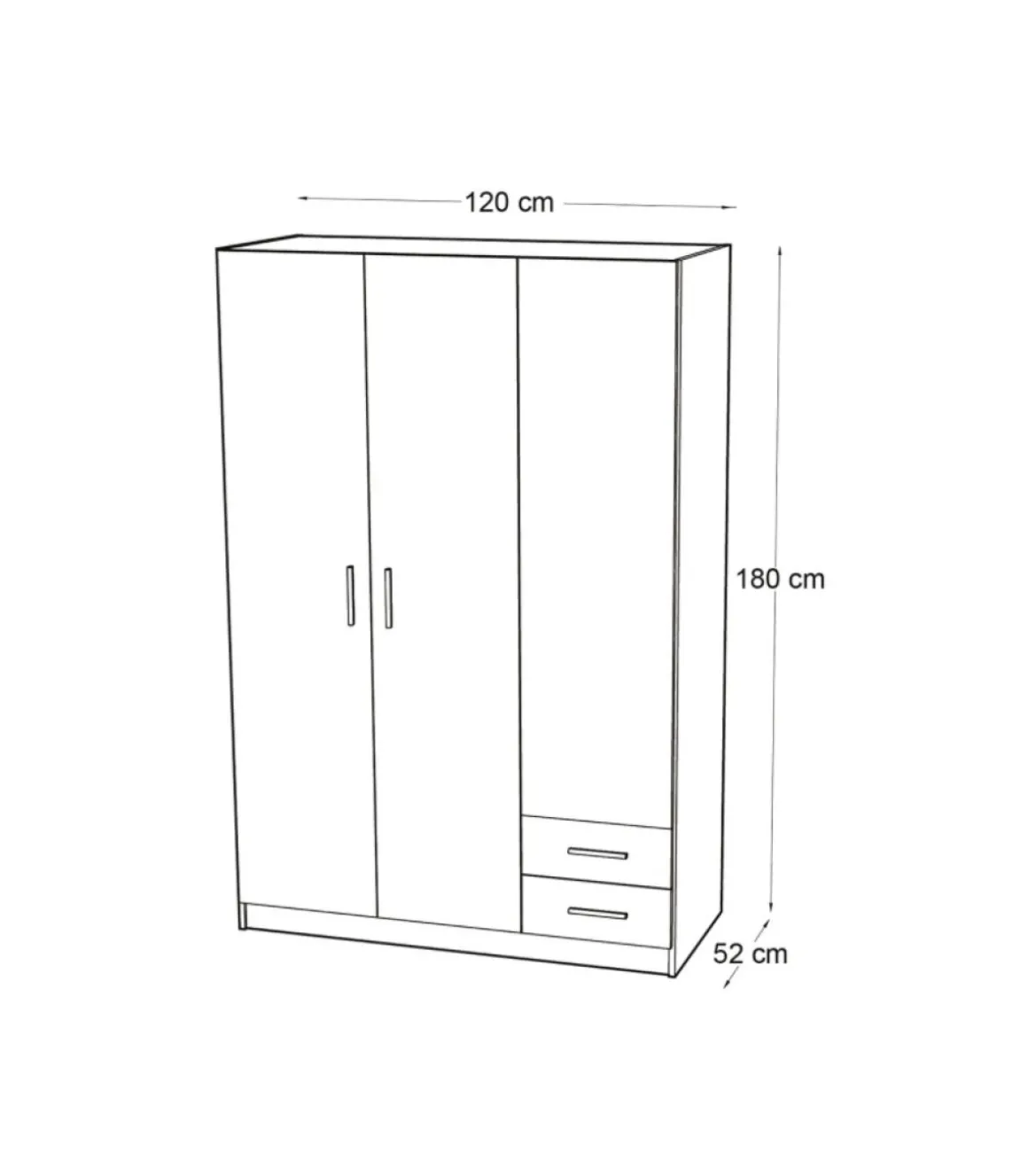 Armario 3 puertas abatibles 2 cajones acabado blanco, 180 cm(alto)120 cm(ancho)52 cm(fondo)