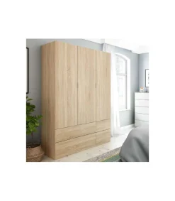Armario 3 puertas abatibles 4 cajones acabado roble. 200cm(alto). 135cm(ancho). 52cm(fondo).
