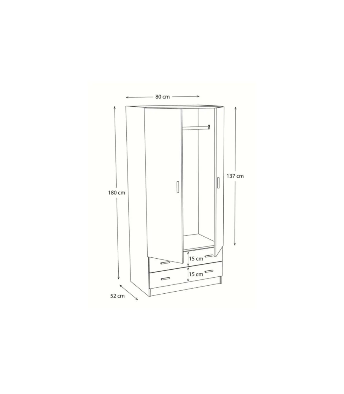 Armario 2 puertas abatibles 2 cajones acabado blanco, 180 cm(alto)80,4 cm(ancho)52 cm(fondo)