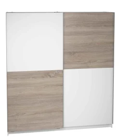 Armario 2 puertas correderas acabado en blanco/roble, 200 cm(alto)180 cm(ancho)60 cm(fondo)