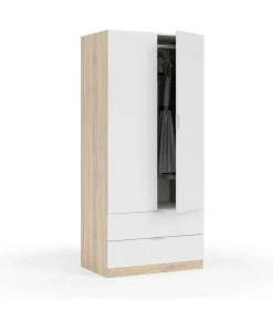 Armario ropero Berta 2 puertas 2 cajones acabado blanco/roble, 180 cm(alto)81 cm(ancho)52 cm(largo)