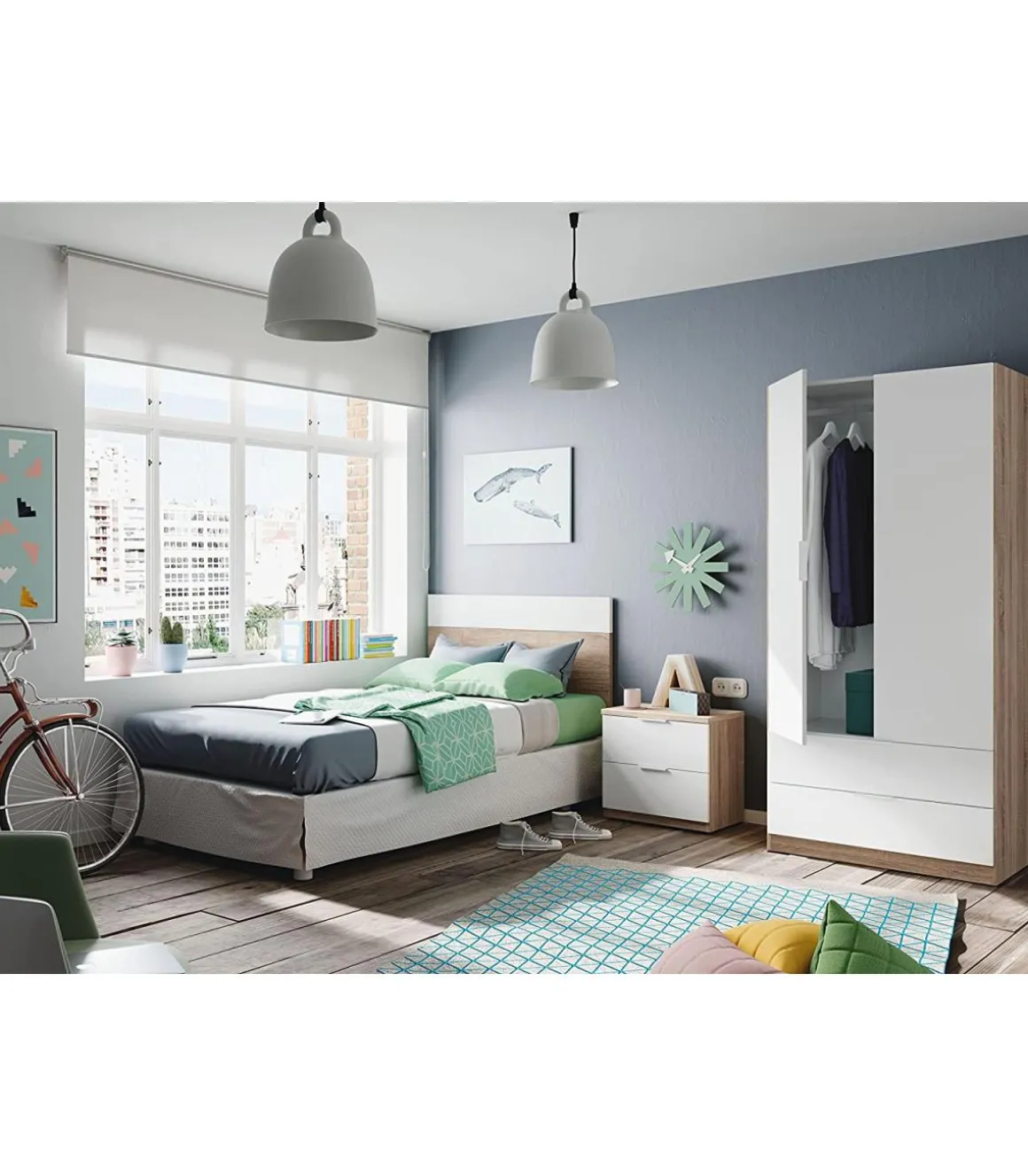Armario ropero Berta 2 puertas 2 cajones acabado blanco/roble, 180 cm(alto)81 cm(ancho)52 cm(largo)
