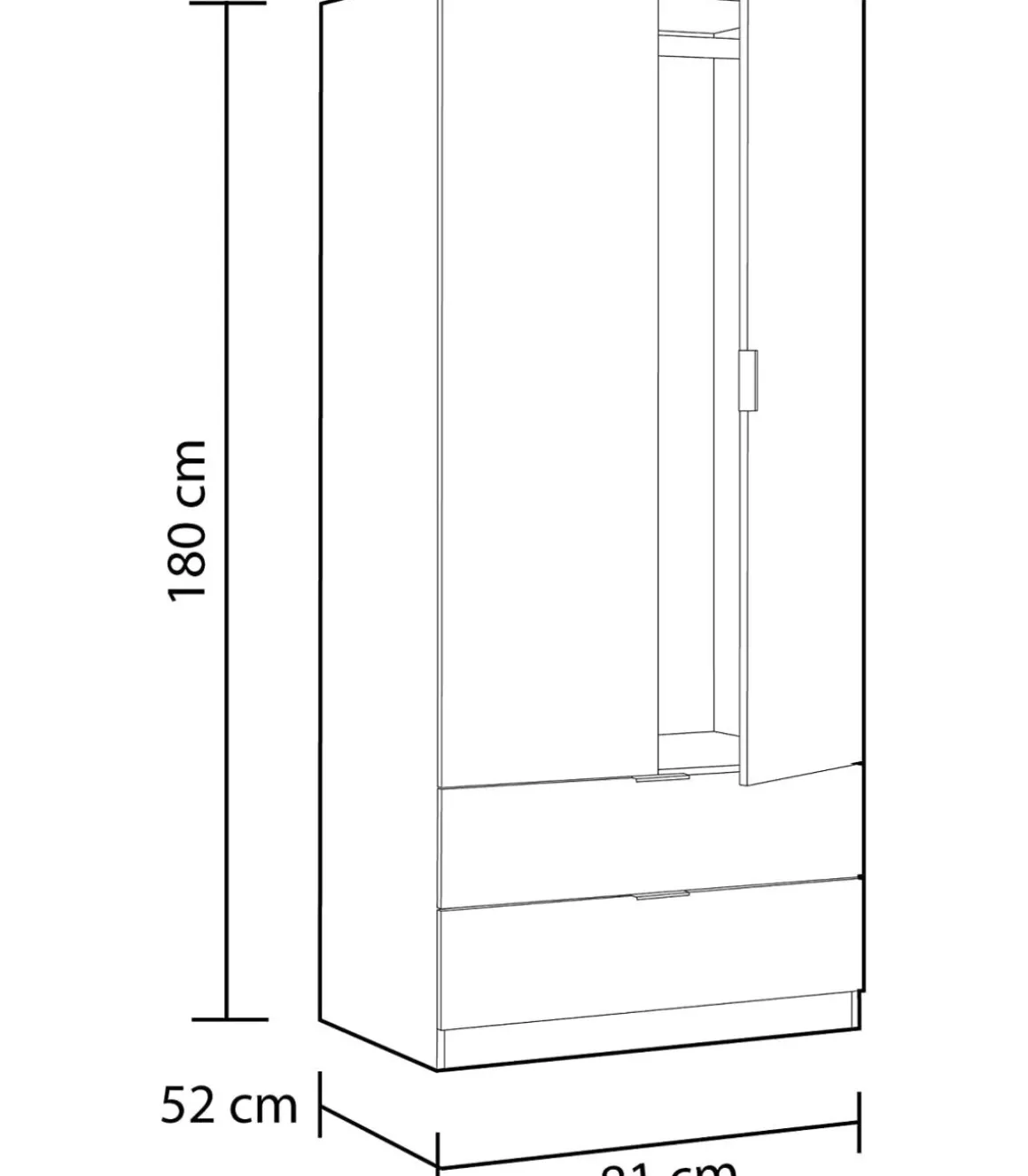 Armario ropero Berta 2 puertas 2 cajones acabado blanco/roble, 180 cm(alto)81 cm(ancho)52 cm(largo)