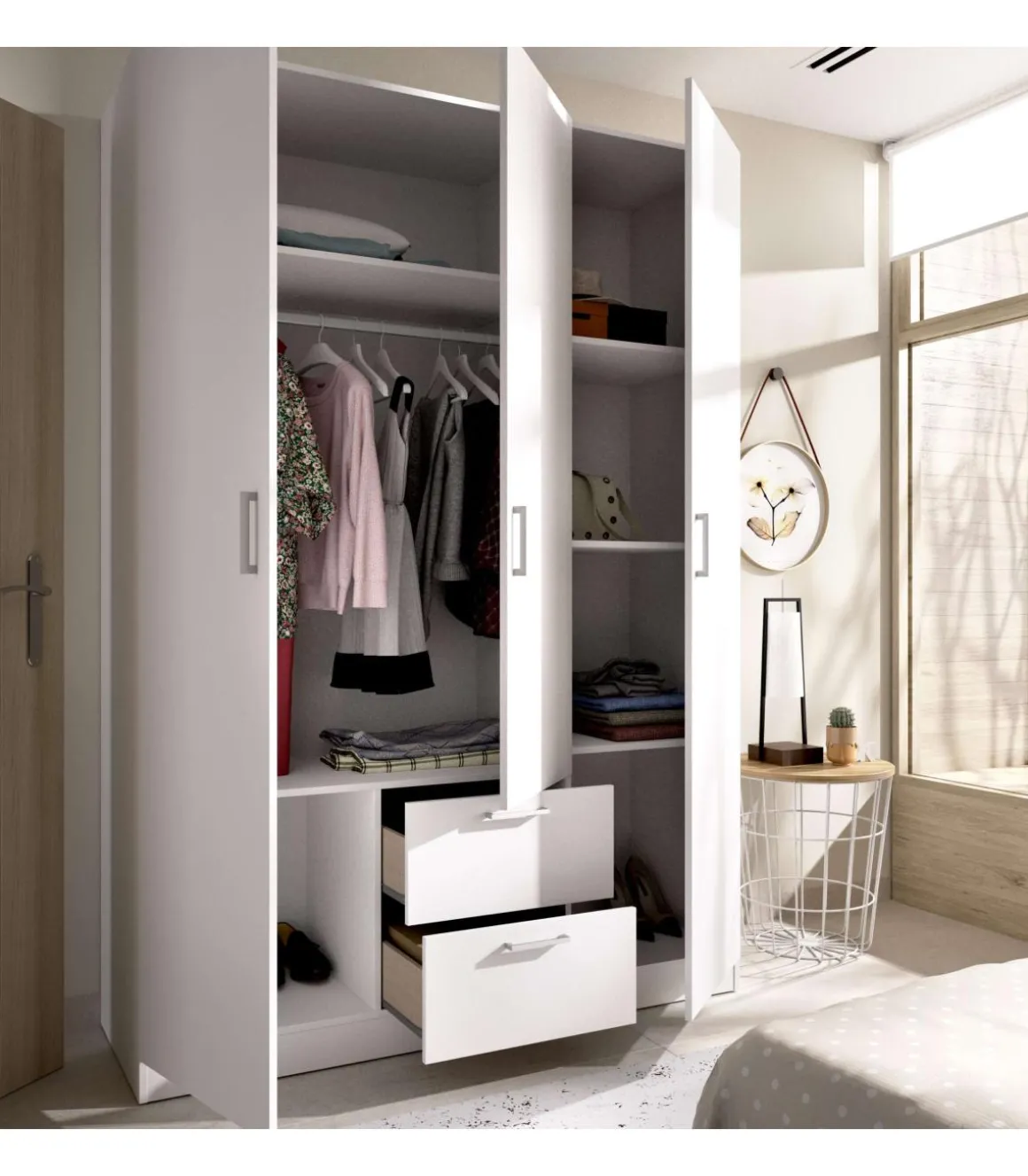 Armario ropero Huesa 3 puertas abatibles en blanco 215 cm(alto)150 cm(ancho)52 cm(largo)
