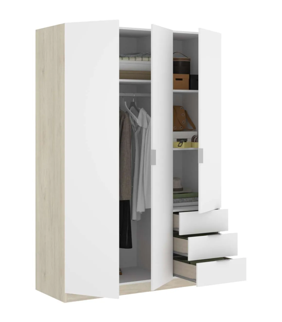 Armario ropero Lana 3 puertas abatibles y 3 cajones en roble natural-blanco 184 cm(alto)121 cm(ancho)52 cm(largo