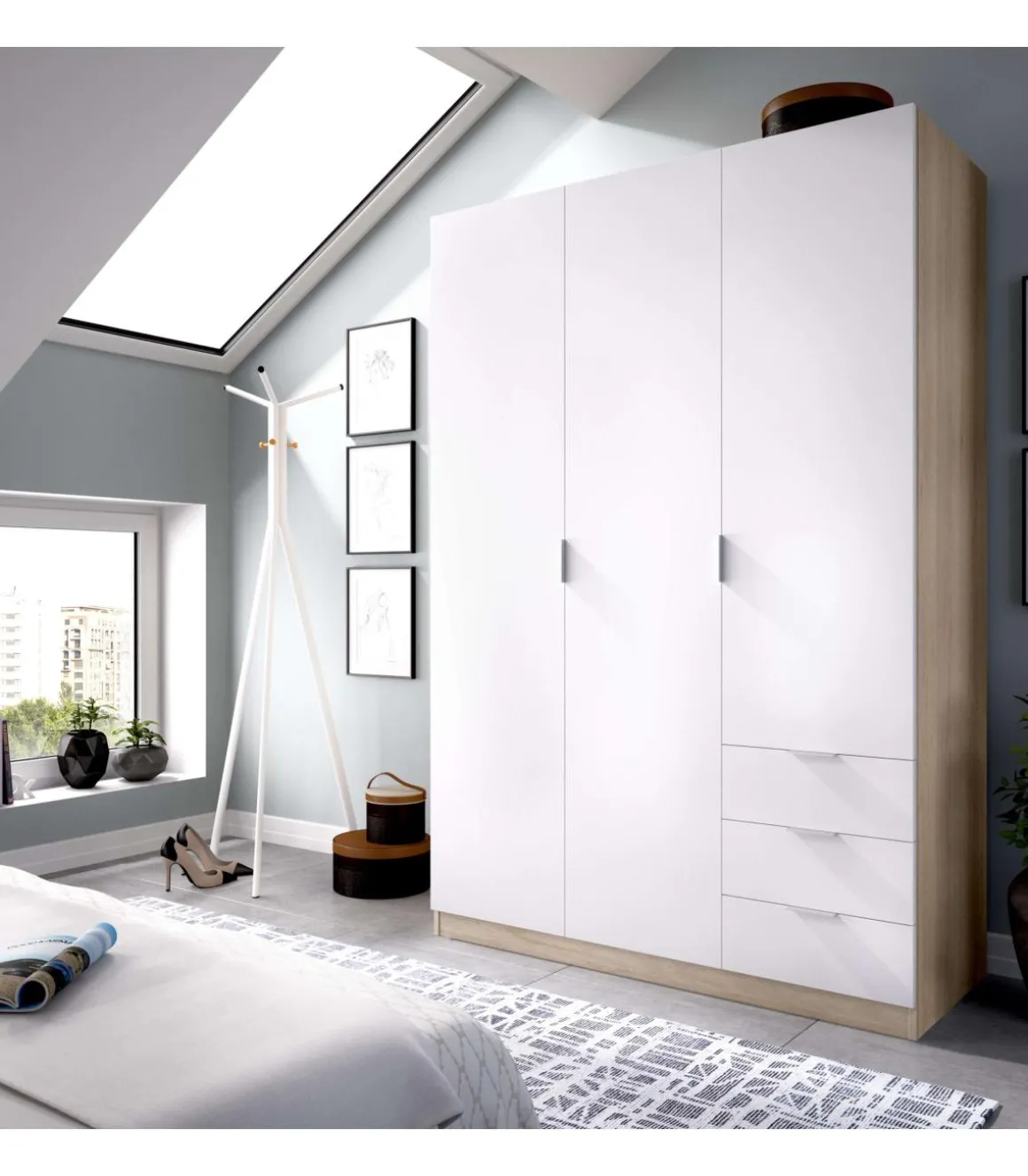 Armario ropero Lana 3 puertas abatibles y 3 cajones en roble natural-blanco 184 cm(alto)121 cm(ancho)52 cm(largo