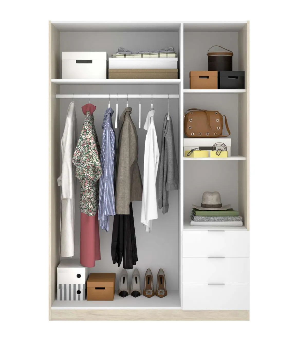 Armario ropero Lana 3 puertas abatibles y 3 cajones en roble natural-blanco 184 cm(alto)121 cm(ancho)52 cm(largo