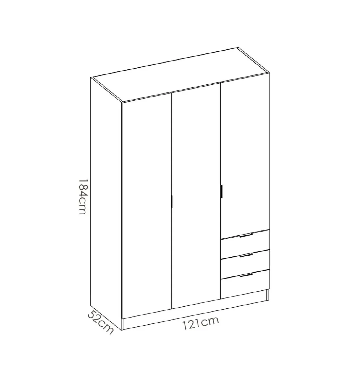Armario ropero Lana 3 puertas abatibles y 3 cajones en roble natural-blanco 184 cm(alto)121 cm(ancho)52 cm(largo