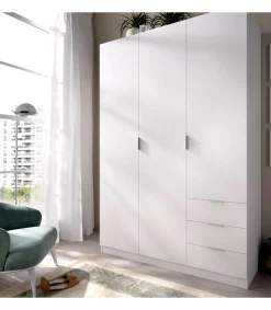 Armario ropero Marcela 3 puertas abatibles y 3 cajones en blanco 184 cm(alto)121 cm(ancho)52 cm(largo