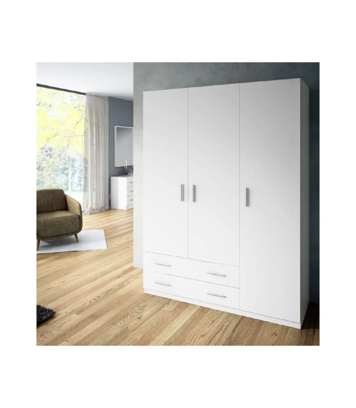 Armario ropero 3 puertas abatibles 2 cajones Lorena acabado blanco, 196cm(alto) 150cm(ancho) 50cm(largo)