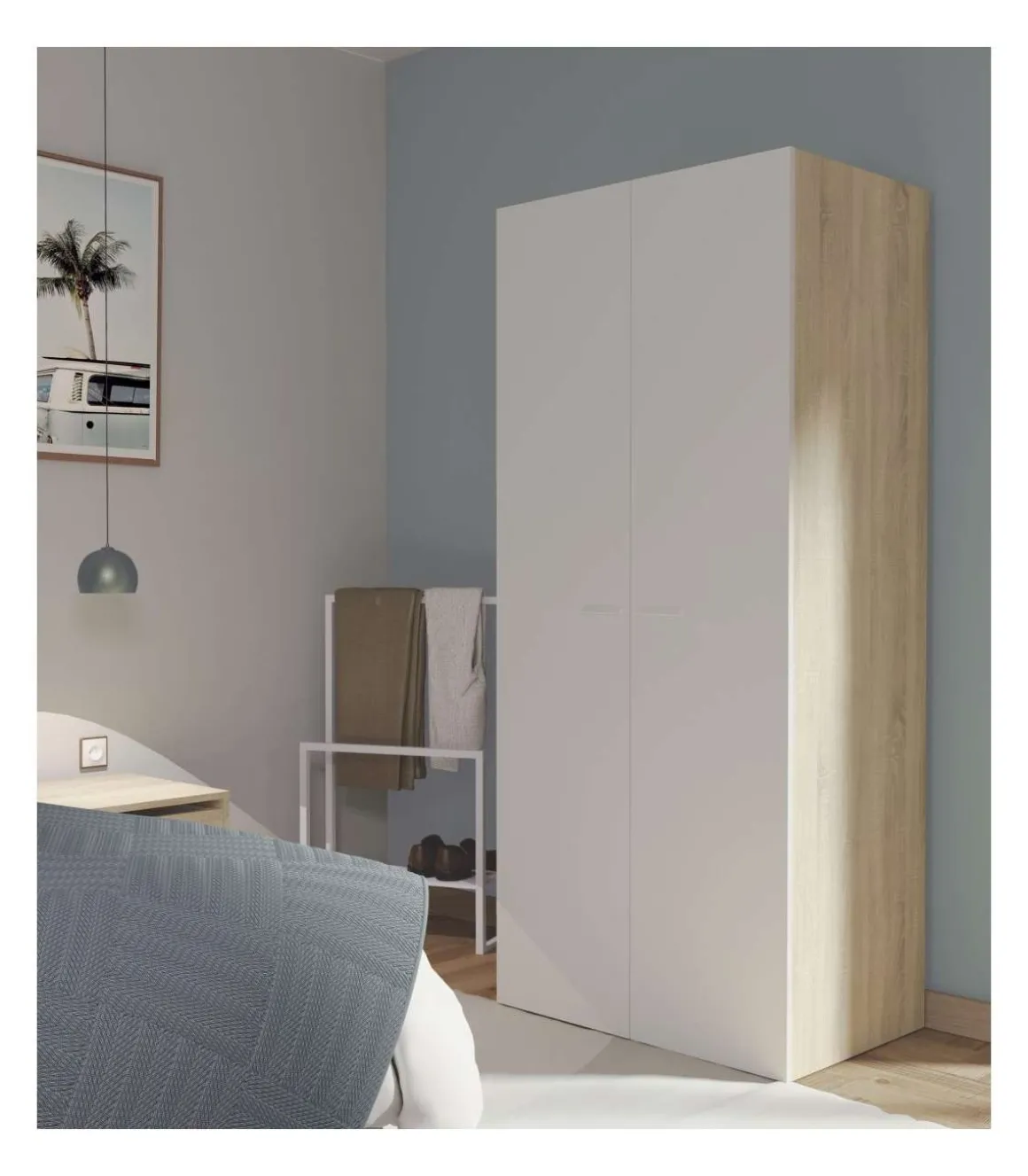 Armario ropero 2 puertas abatibles Tibet acabado roble cambrian/blanco, 79 cm(ancho) 180 cm(altura) 52 cm(fondo)