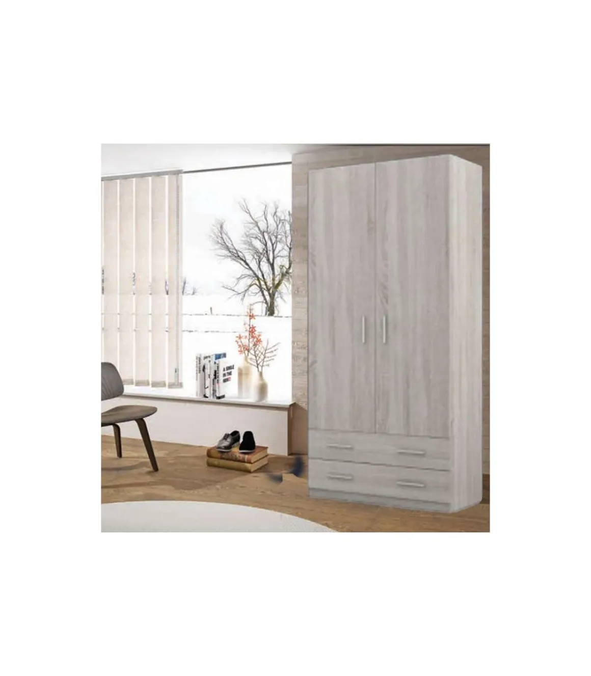 Armario ropero 2 puertas abatibles 2 cajones Lorena acabado Artico, 196cm(alto) 100cm(ancho) 50cm(largo)