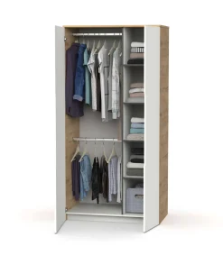 Armario ropero 2 puertas abatibles Noa acabado roble gold-blanco, 100cm(ancho) 200cm(altura) 57cm(fondo)