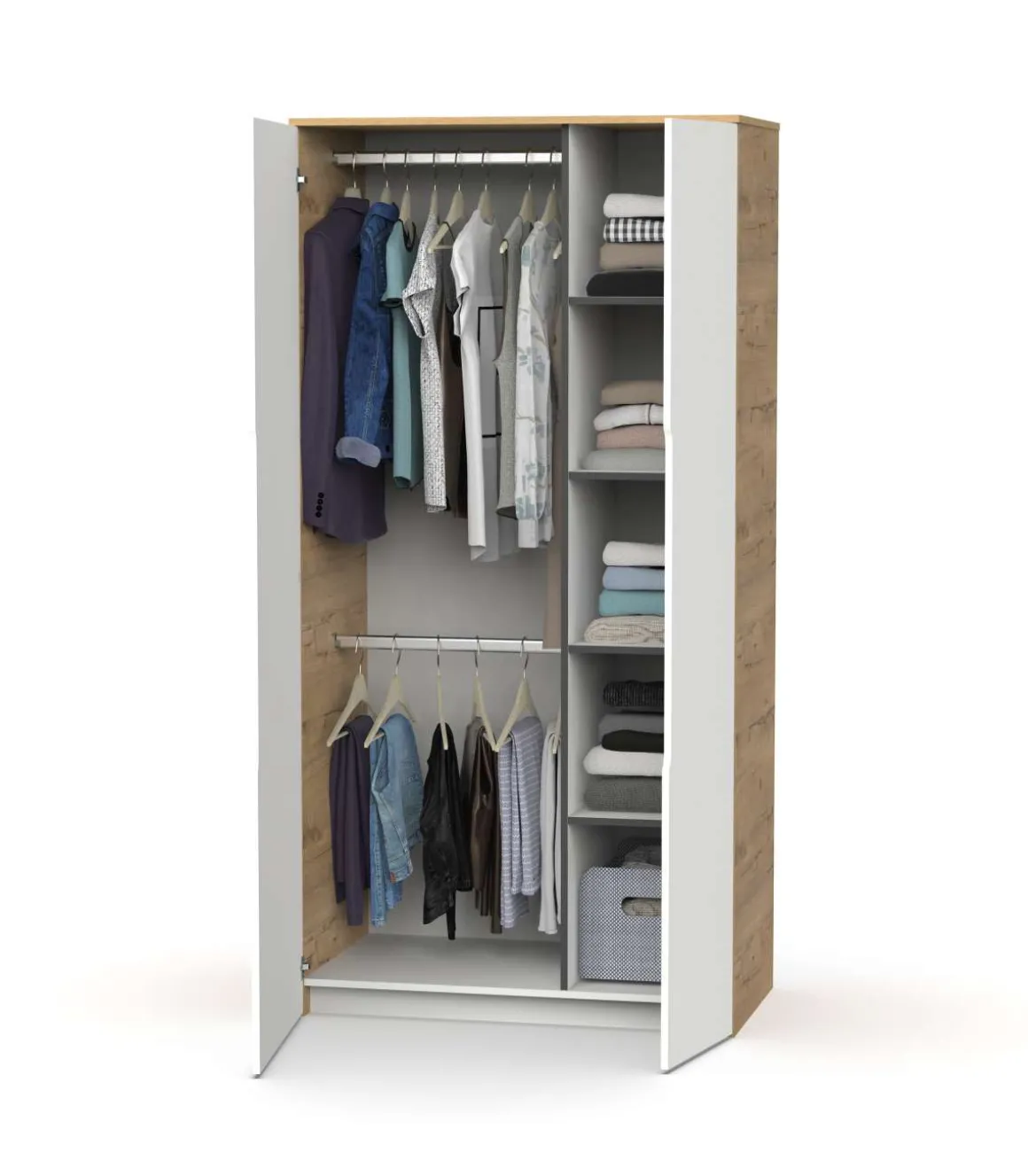 Armario ropero 2 puertas abatibles Noa acabado roble gold-blanco, 100cm(ancho) 200cm(altura) 57cm(fondo)