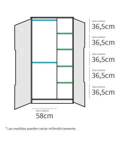 Armario ropero 2 puertas abatibles Noa acabado roble gold-blanco, 100cm(ancho) 200cm(altura) 57cm(fondo)