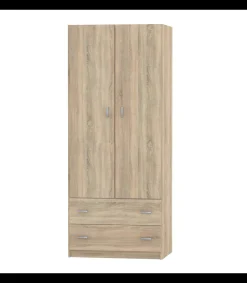 Armario ropero 2 puertas abatibles y 2 cajones Turin acabado roble, 180 cm(alto)74 cm(ancho)50 cm(fondo)
