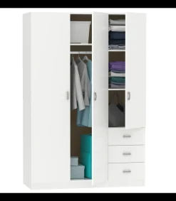 Armario ropero 3 puertas abatibles y 3 cajones Turin acabado blanco brillo, 180 cm(alto)120 cm(ancho)50 cm(fondo)