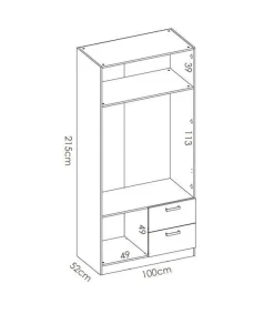 Armario ropero 2 puertas abatibles 2 cajones Huesa en blanco 215 cm(alto)100 cm(ancho)52 cm(fondo)