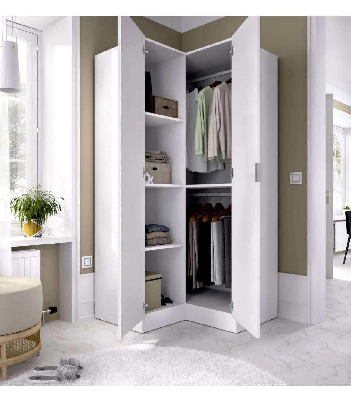 Armario ropero rincón puertas abatibles Jaén acabado blanco, 184 cm(alto)90.5 cm(ancho)92.5 cm(largo)