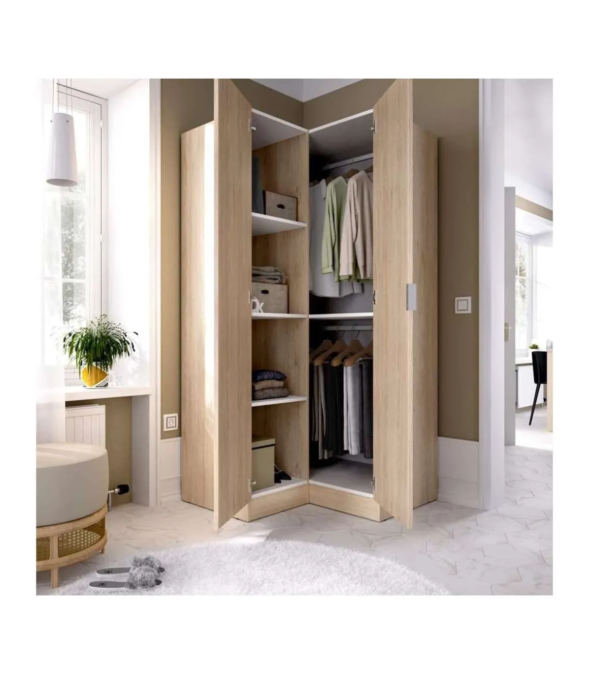 Armario ropero rincón puertas abatibles Jaén acabado natural, 184 cm(alto)90.5 cm(ancho)92.5 cm(largo)