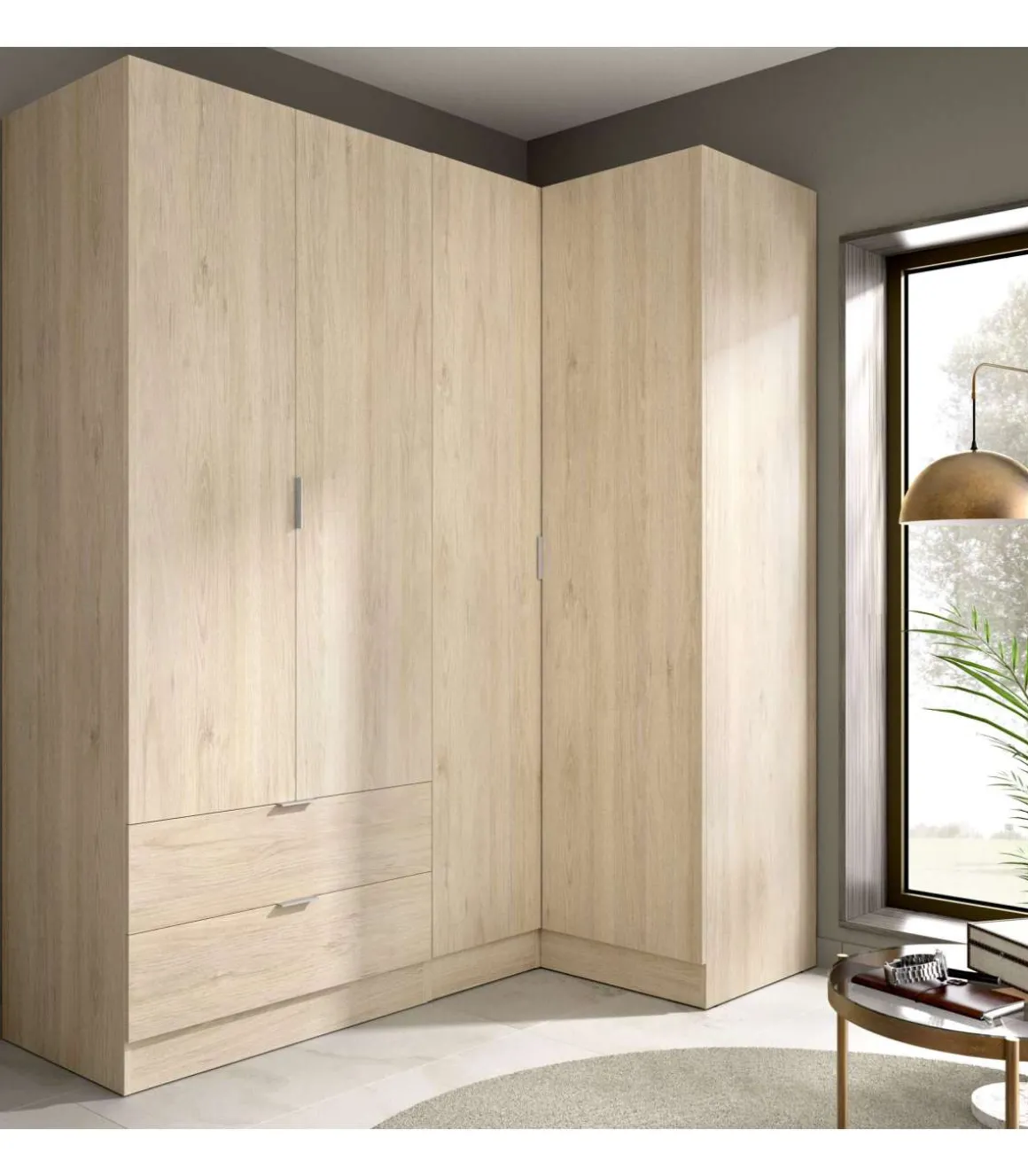 Armario ropero rincón puertas abatibles Jaén II acabado natural, 184 cm(alto)173.5 cm(ancho)90.5 cm(largo)
