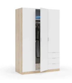 Armario ropero Vanesa 3 puertas abatibles acabado blanco artik y roble canadian. 180 cm (alto), 121 cm (ancho), 52 cm (fondo).