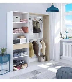 Armario vestidor Elfos con estantes y un cajón y 2 barras de colgar blanco roble 187 cm alto x 158 cm ancho x 40cm fondo.