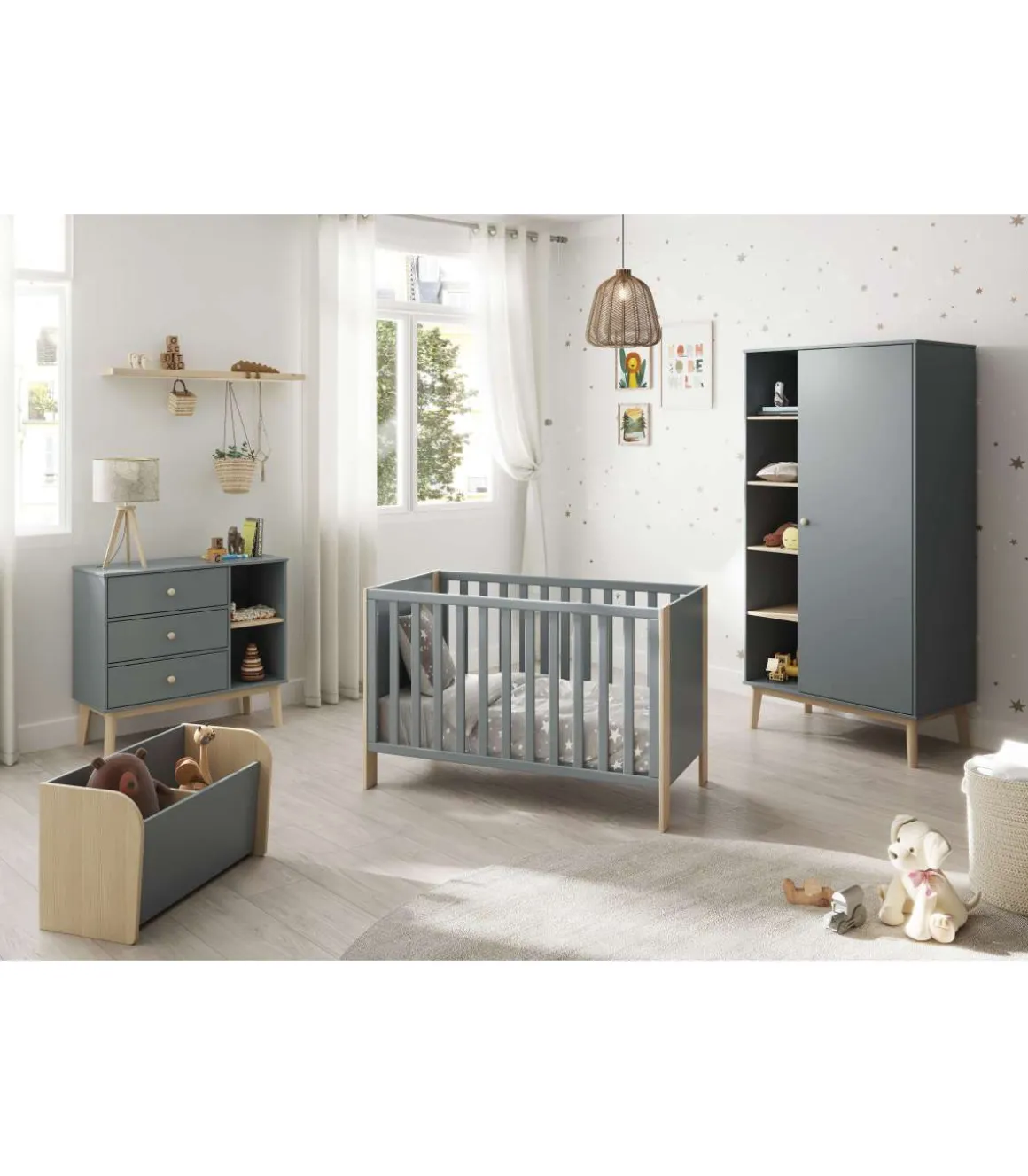 Baúl para dormitorio juvenil DYLAN acabado verde kaki/cera blanca, 42cm(alto) 70cm(ancho) 35cm(fondo)