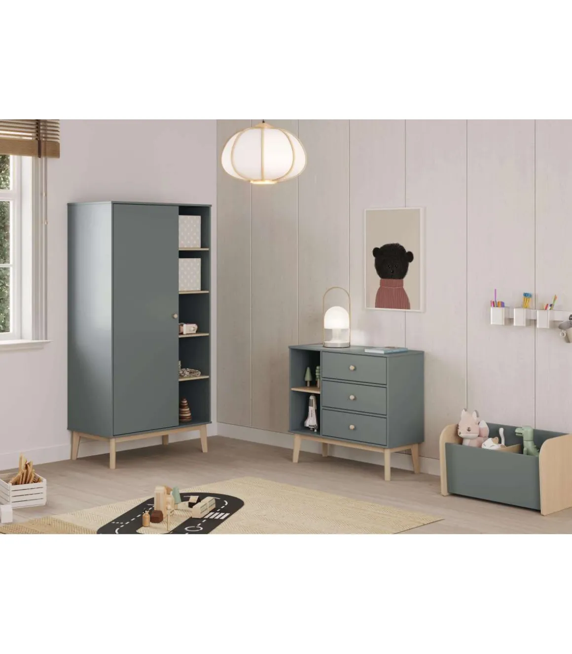 Baúl para dormitorio juvenil DYLAN acabado verde kaki/cera blanca, 42cm(alto) 70cm(ancho) 35cm(fondo)