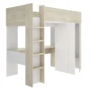 Cama alta juvenil Zero cama, escritorio y armario en alistonado natural-blanco, 177cm(alto) 205cm(ancho) 112cm(largo)