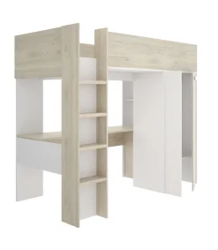 Cama alta juvenil Zero cama, escritorio y armario en alistonado natural-blanco, 177cm(alto) 205cm(ancho) 112cm(largo)