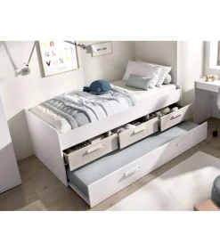 Cama compacta con cajones Soria acabado blanco/alistonado, 67.5cm(alto) 194.5cm(ancho) 95cm(largo)