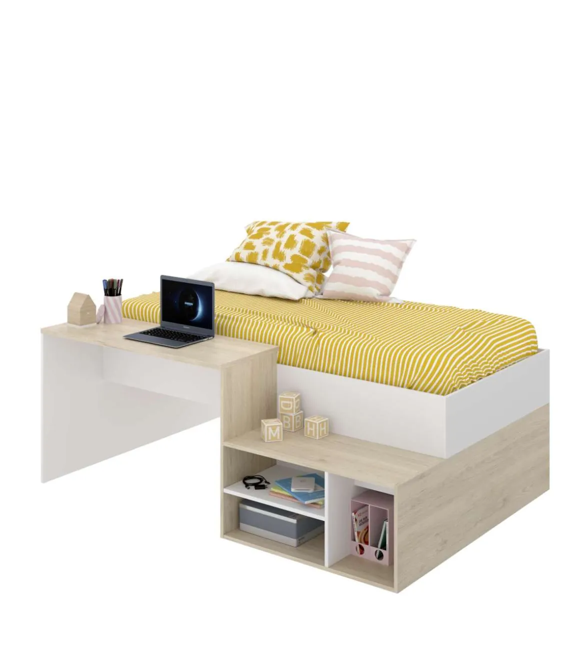 Cama compacta con escritorio Lara de 90 cm en blanco 72.7 cm(alto)133.8cm(ancho)195 cm(largo)