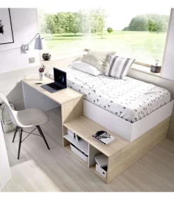 Cama compacta con escritorio Lara de 90 cm en blanco 72.7 cm(alto)133.8cm(ancho)195 cm(largo)