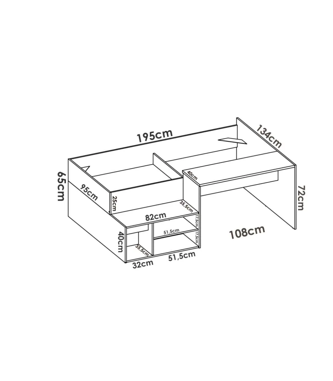 Cama compacta con escritorio Lara de 90 cm en blanco 72.7 cm(alto)133.8cm(ancho)195 cm(largo)
