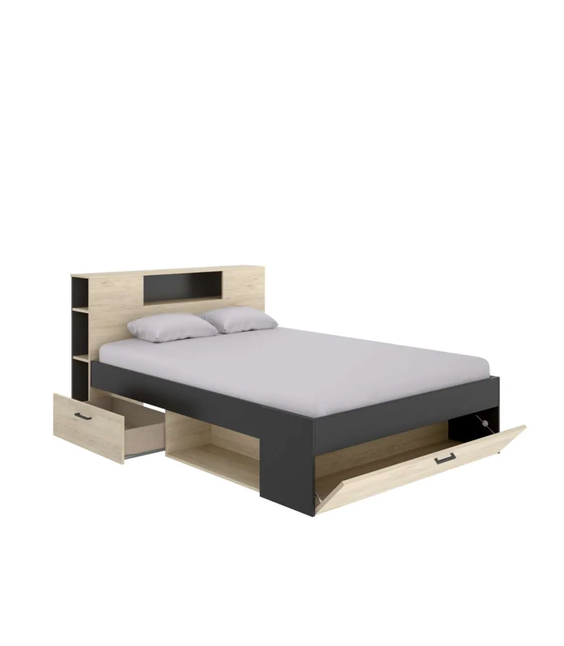 Cama compacta matrimonio Pozo Alcón en natural/grafito 95cm(alto) 147cm(ancho) 219cm(largo)
