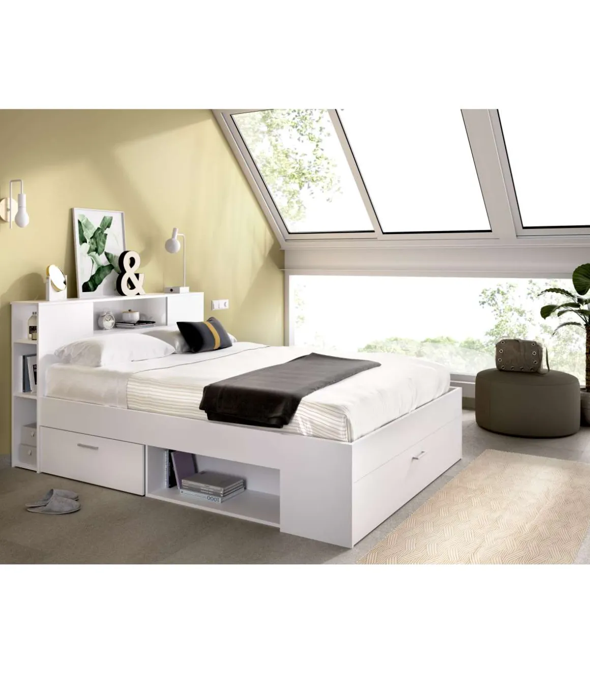 Cama compacta matrimonio Pozo Alcón-150 en blanco, 95cm(alto) 157cm(ancho) 219cm(largo)