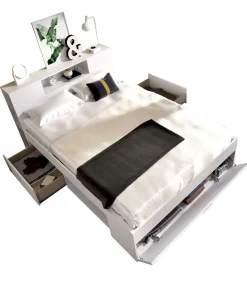 Cama compacta matrimonio Pozo Alcón-150 en blanco, 95cm(alto) 157cm(ancho) 219cm(largo)