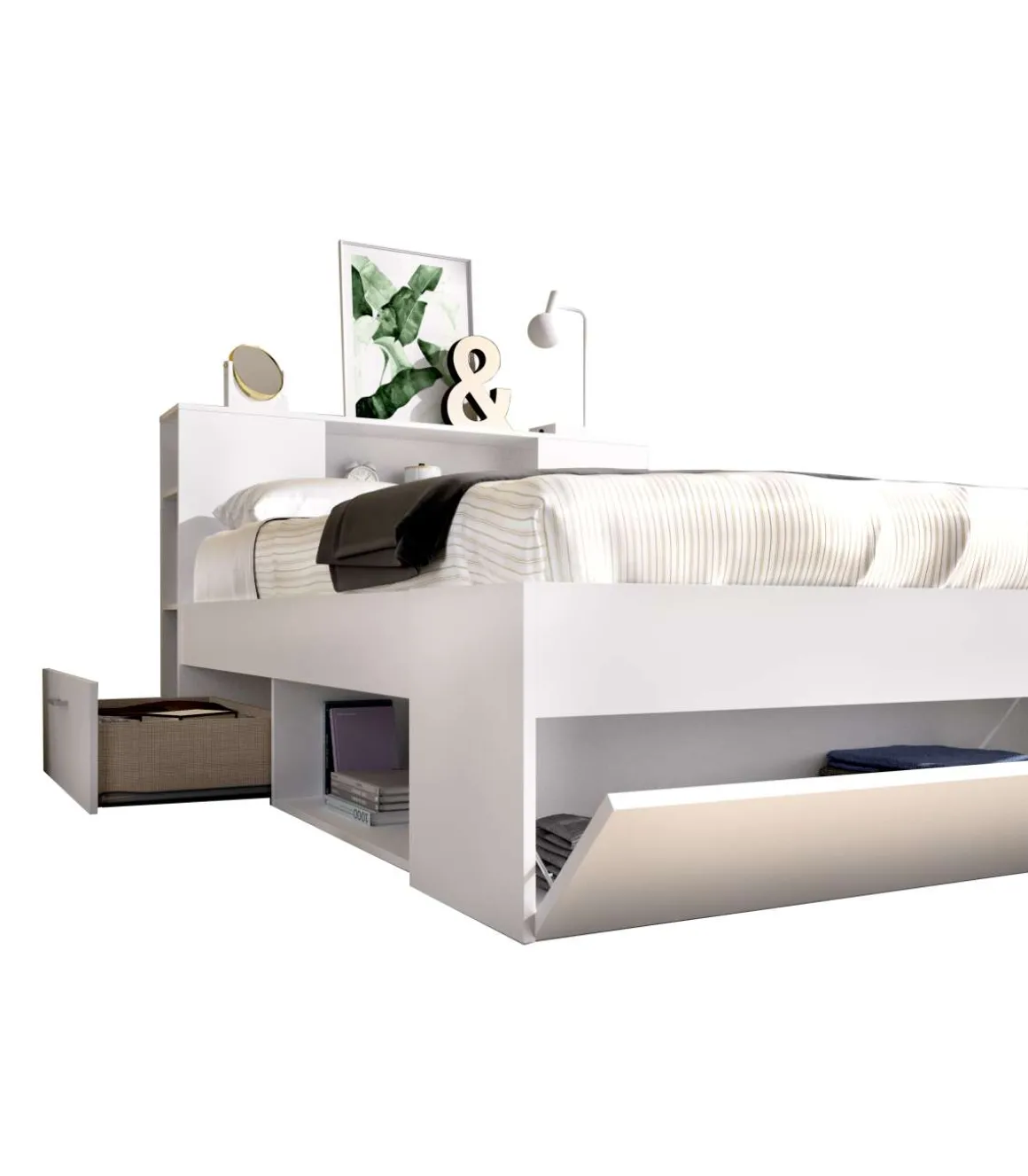 Cama compacta matrimonio Pozo Alcón-150 en blanco, 95cm(alto) 157cm(ancho) 219cm(largo)