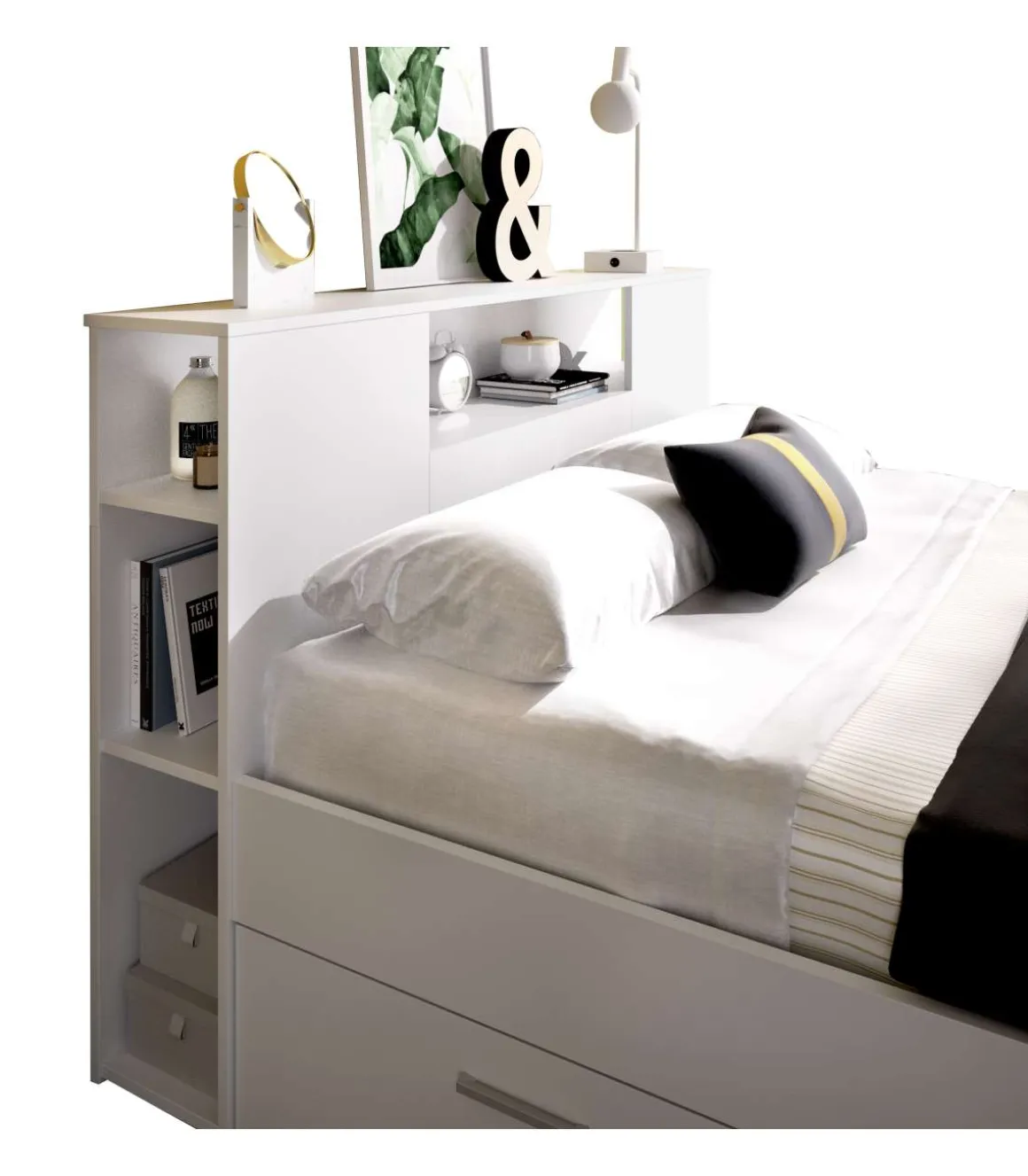 Cama compacta matrimonio Pozo Alcón-150 en blanco, 95cm(alto) 157cm(ancho) 219cm(largo)