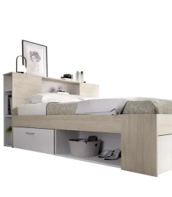 Cama compacta matrimonio Pozo Alcón-150 en natural/blanco, 95cm(alto) 157cm(ancho) 219cm(largo)