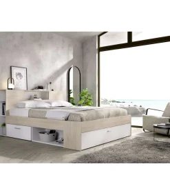 Cama compacta matrimonio Pozo Alcón-150 en natural/blanco, 95cm(alto) 157cm(ancho) 219cm(largo)